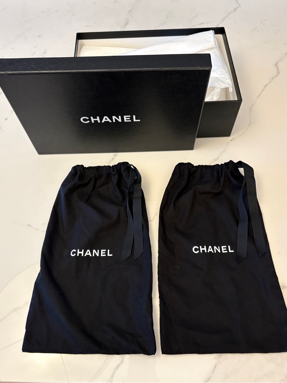 CHANEL Shoebox & Black Drawstring Logo Dust Bags - Pair